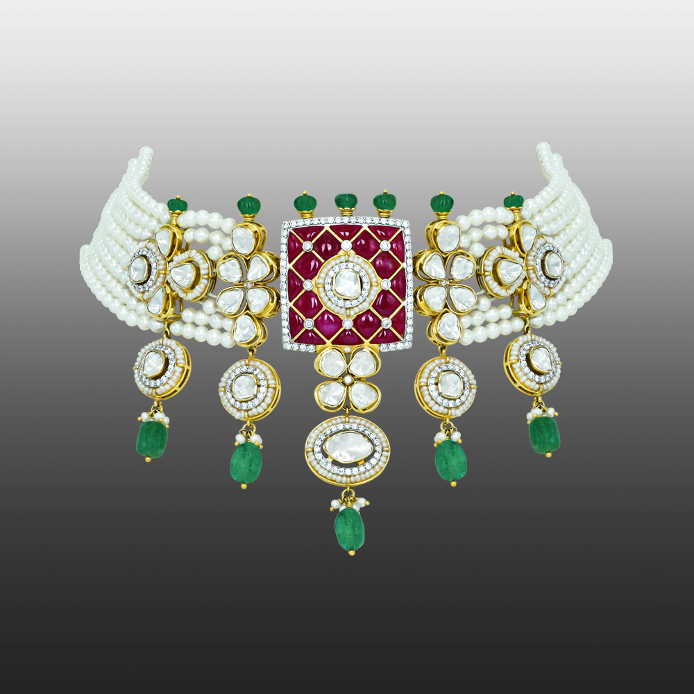 Pearl Choker with Ruby Talaf, Polki, and Emerald Drops
